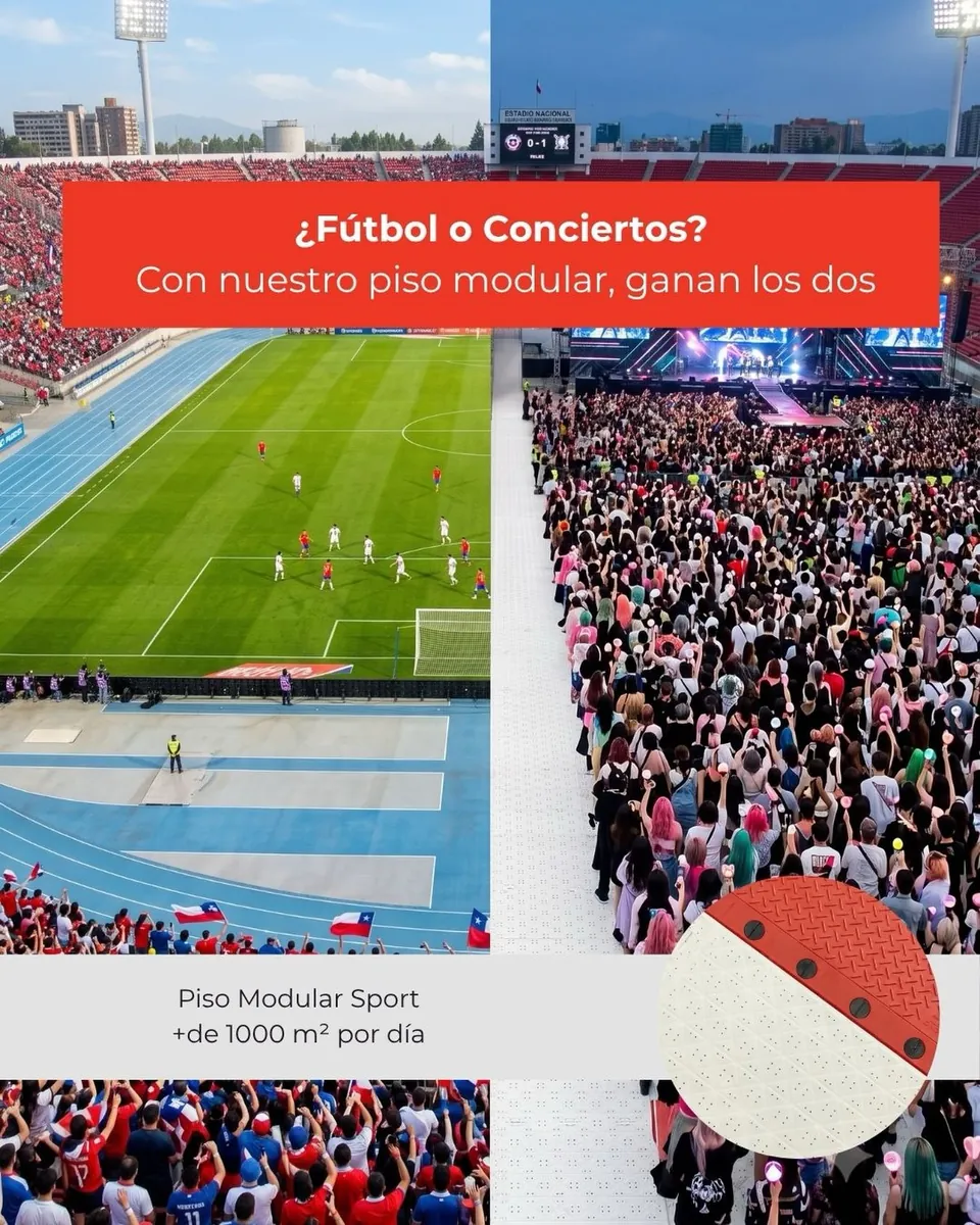 Publicación de Tecno Fast: la cancha del Estadio Nacional partida en dos, fútbol y concierto, con el texto «¿Fútbol o conciertos? Con nuestro piso modular, ganan los dos»