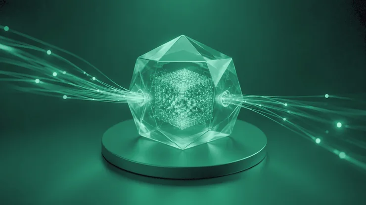 Una esfera de datos sobre un pedestal, con fibras de luz entrando