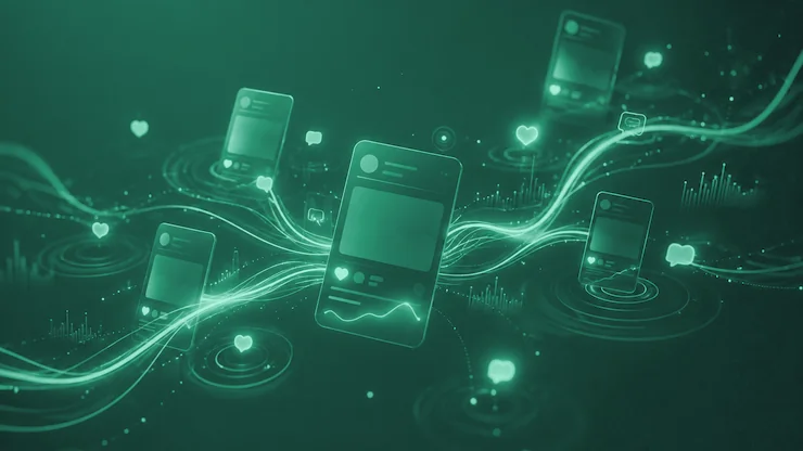 Publicaciones de redes sociales flotando conectadas por trazos de luz