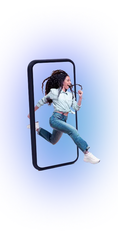 Persona saltando fuera de la pantalla de un teléfono
