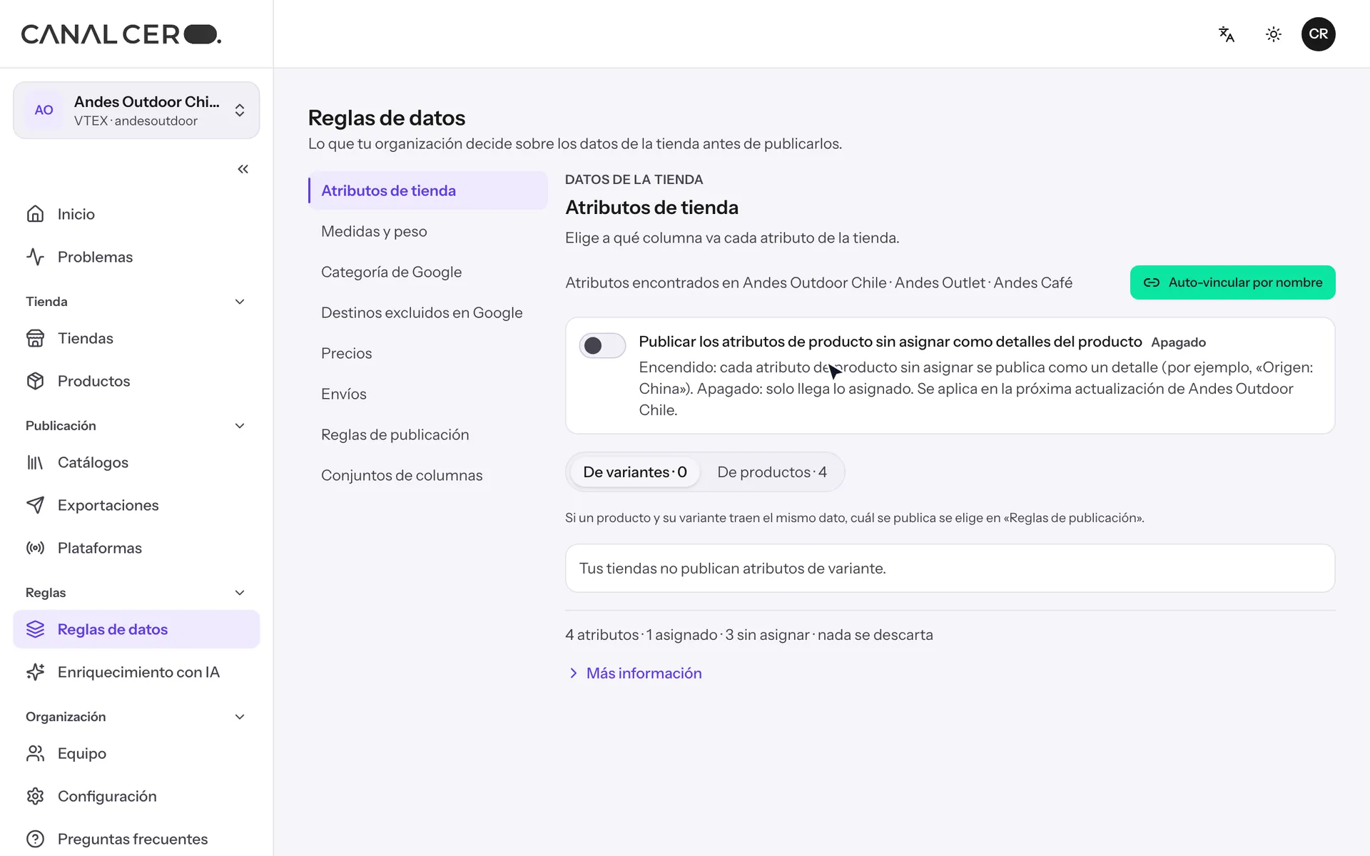 Los atributos de tienda en modo claro