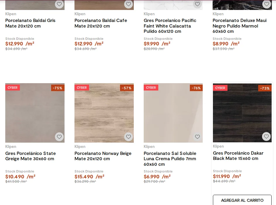 Listado de porcelanatos en mk.cl con stock disponible y precio por metro cuadrado