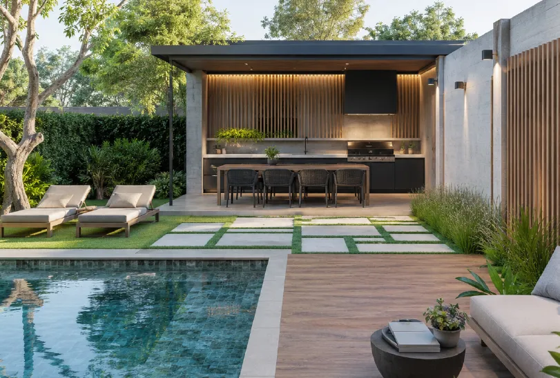 Quincho con piscina, terraza de madera y cocina exterior