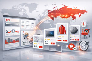 “Ilustración digital de publicidad e-commerce basada en CPA, con catálogo de productos tipo shopping, dashboard de performance marketing, métricas de conversión y conexiones globales entre Europa del Este y Latinoamérica en un entorno tecnológico