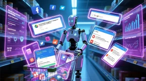 un robot obteniendo datos en un super. Representa cómo las IA toman toda su información desde internet.