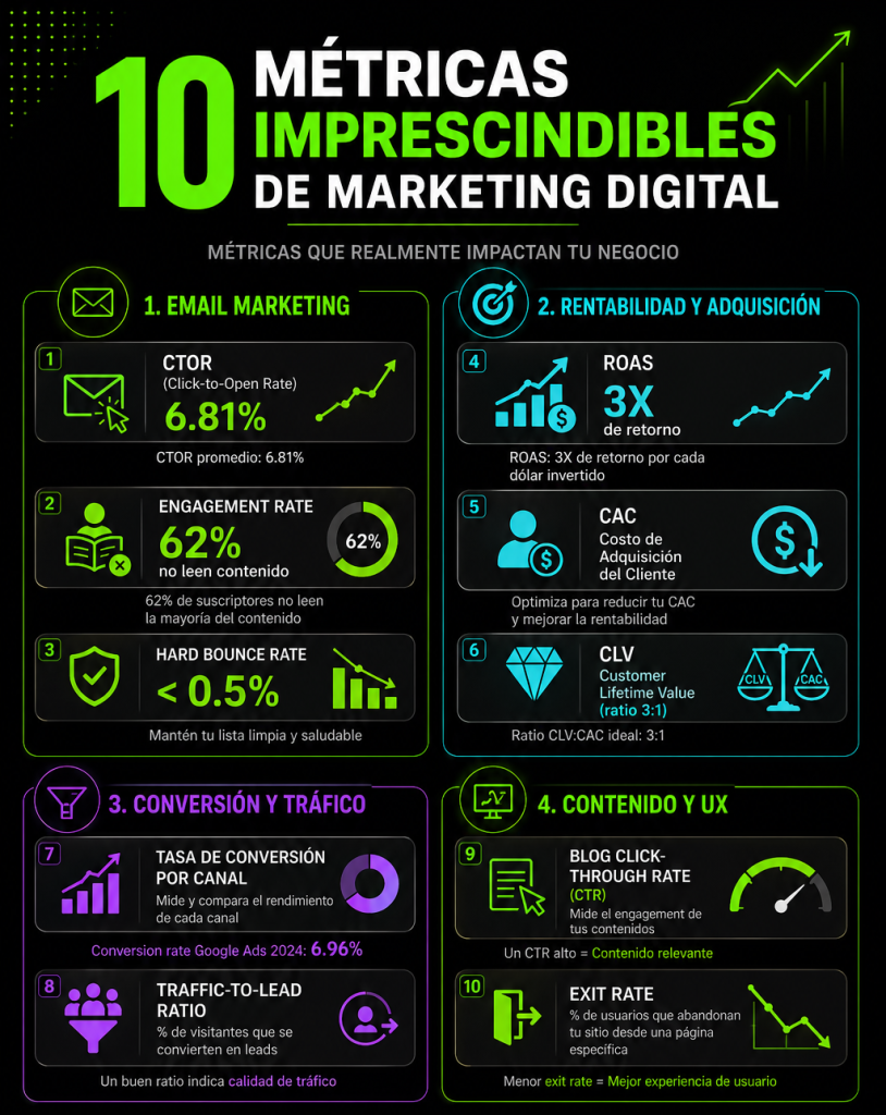 Infografía: 10 métricas de marketing digital - CTOR, ROAS, CAC, CLV, Engagement Rate, Conversion Rate, Traffic-to-Lead Ratio, Exit Rate. Datos y benchmarks para optimizar campañas de marketing.