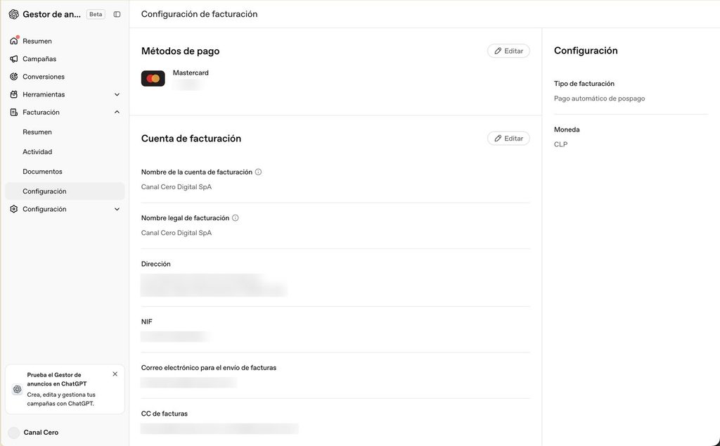 Facturación en Ads Manager con el tipo de cuenta, el medio de pago y el logo