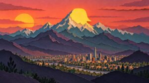 Collage de papel de la cordillera de los Andes al atardecer sobre Santiago, con una burbuja de chat amarilla en la cumbre