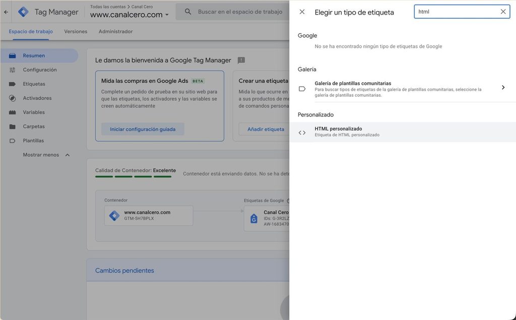 Selector de tipo de etiqueta en Google Tag Manager con HTML personalizado