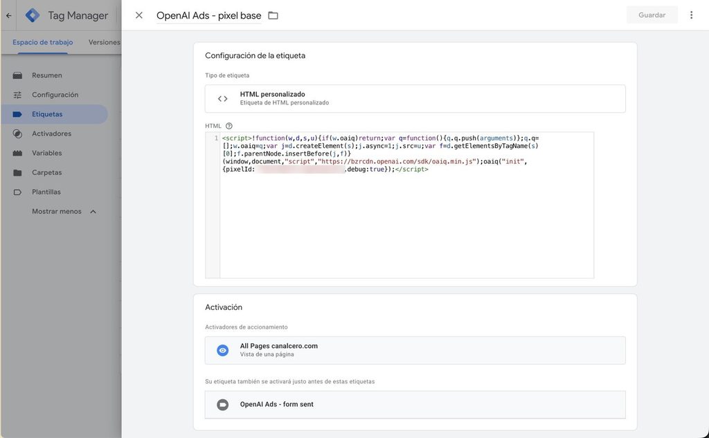 Etiqueta HTML personalizado "OpenAI Ads - pixel base" con el activador All Pages en Tag Manager