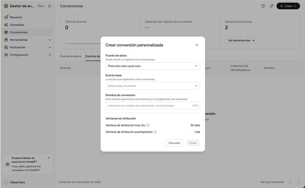 Formulario Crear conversión personalizada en ChatGPT Ads