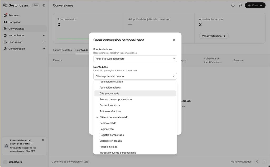 Lista desplegable de eventos estándar disponibles al crear una conversión en ChatGPT Ads