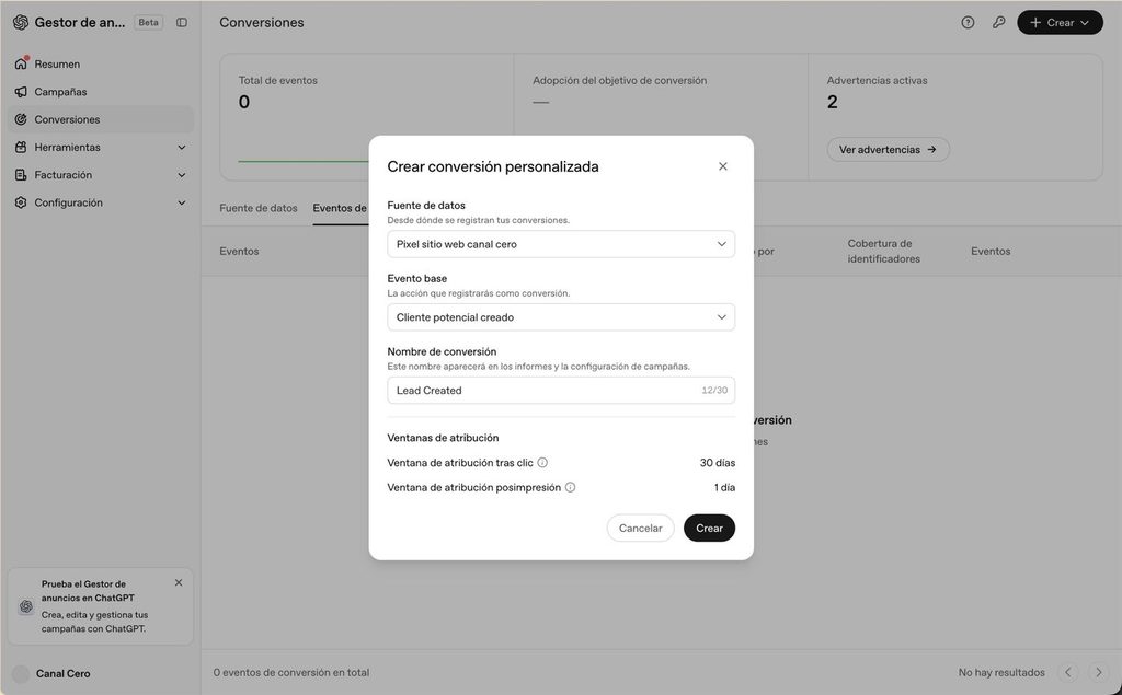 Conversión Lead Created configurada con evento base Cliente potencial creado y ventanas de atribución
