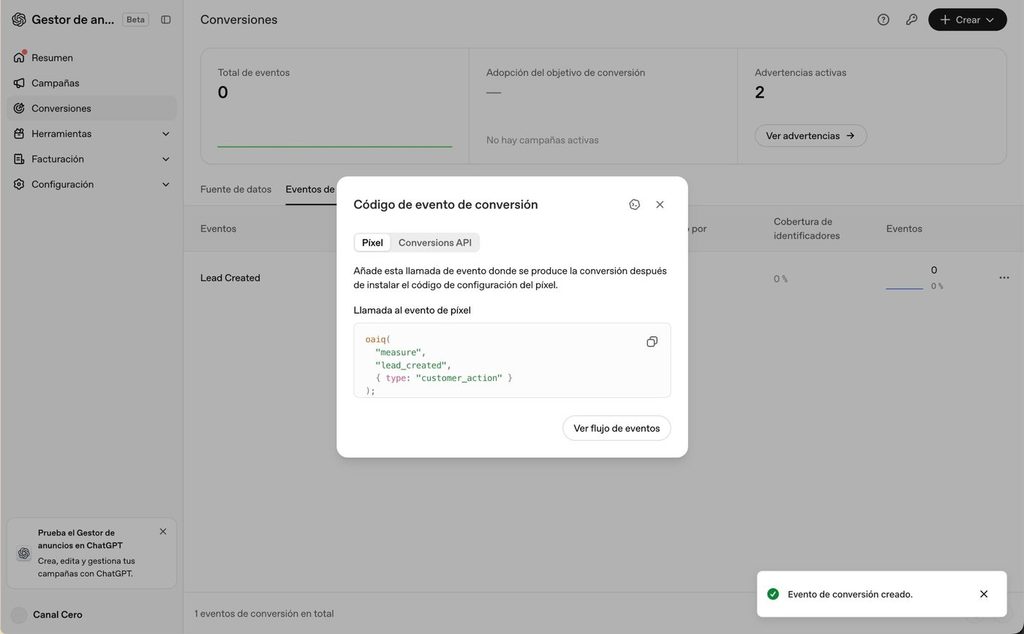 Código del evento de conversión lead_created para instalar en el sitio