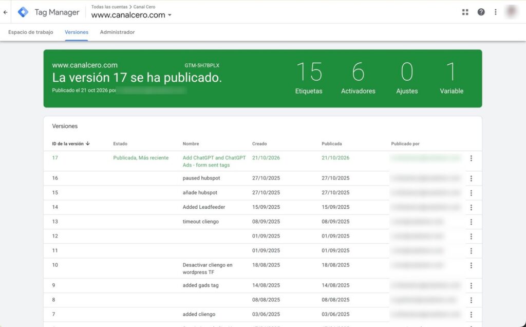 Versión 17 del contenedor de Tag Manager publicada con las etiquetas de ChatGPT Ads