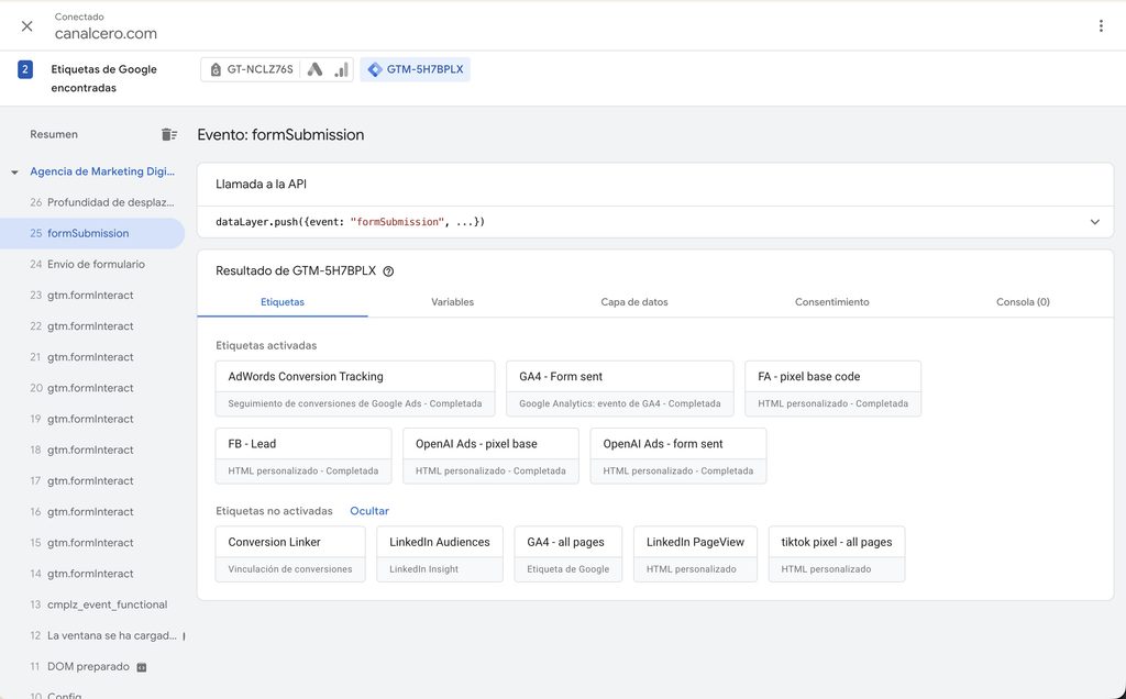 Vista previa de Tag Manager con el evento formSubmission y las etiquetas OpenAI Ads - pixel base y OpenAI Ads - form sent completadas