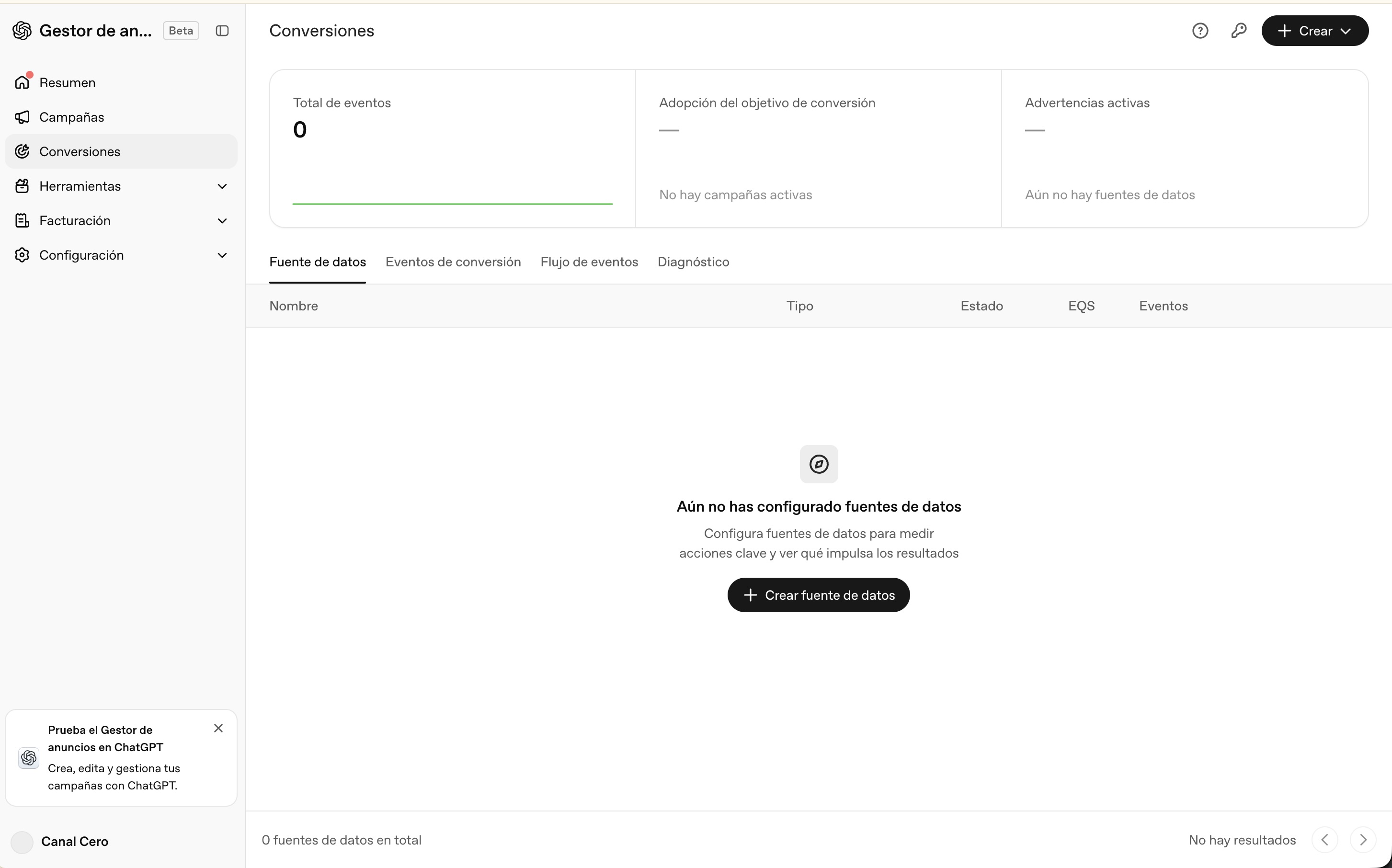 Panel de Conversiones de ChatGPT Ads sin fuentes de datos configuradas