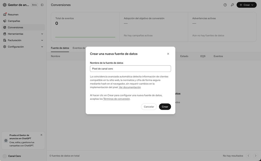 Formulario para crear una nueva fuente de datos en ChatGPT Ads