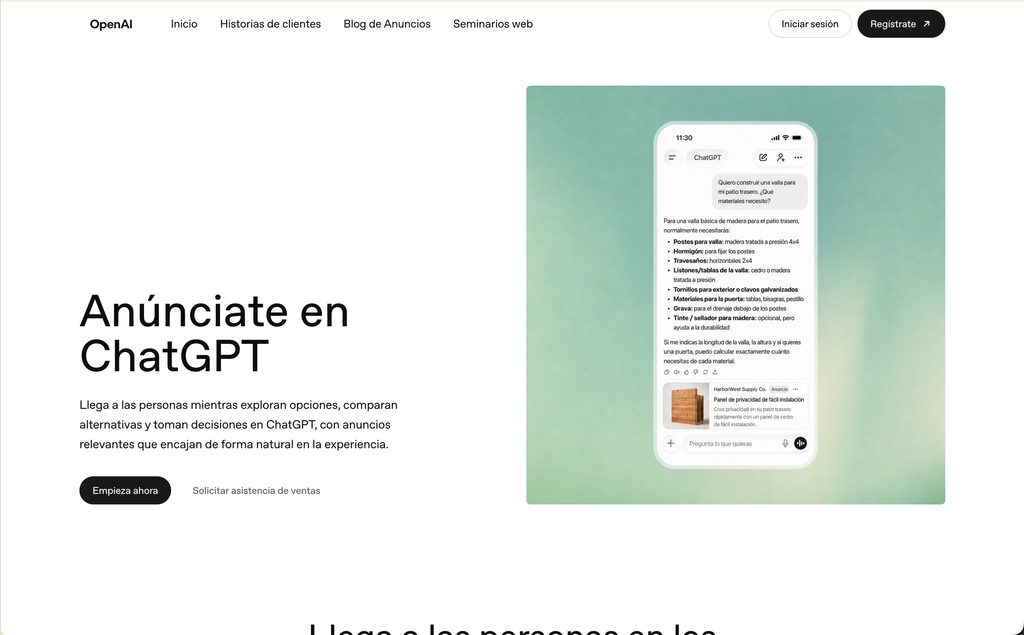 Página de ads.openai.com con la opción Anúnciate en ChatGPT y los botones Empieza ahora y Regístrate