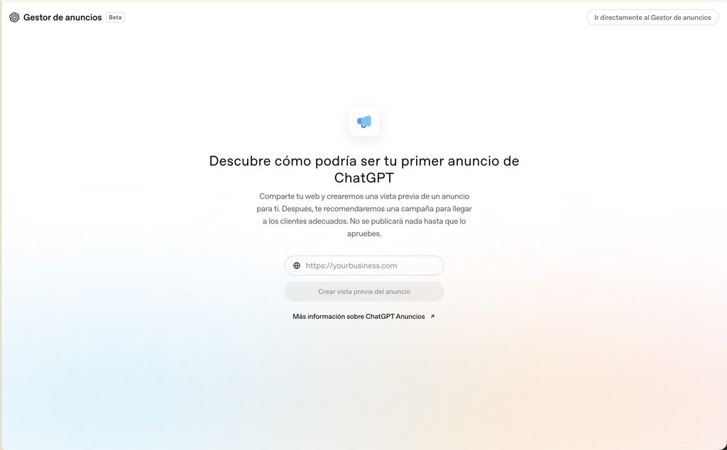 Campo para pegar la URL del sitio y crear la vista previa del primer anuncio en ChatGPT Ads