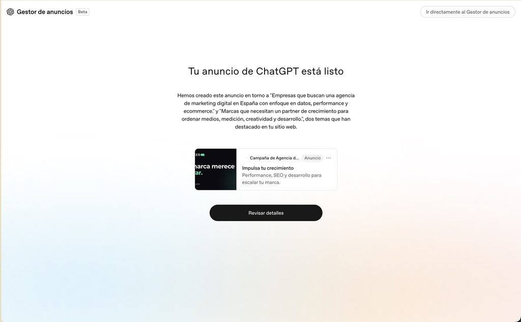 Vista previa del anuncio que ChatGPT Ads generó a partir de la URL del sitio