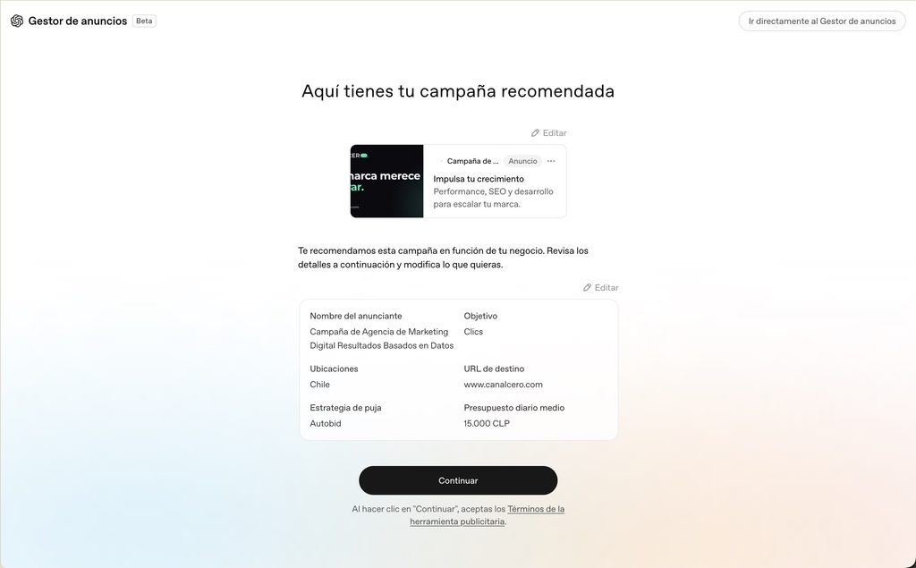 Campaña recomendada en ChatGPT Ads con el nombre del anunciante y la ubicación en Chile