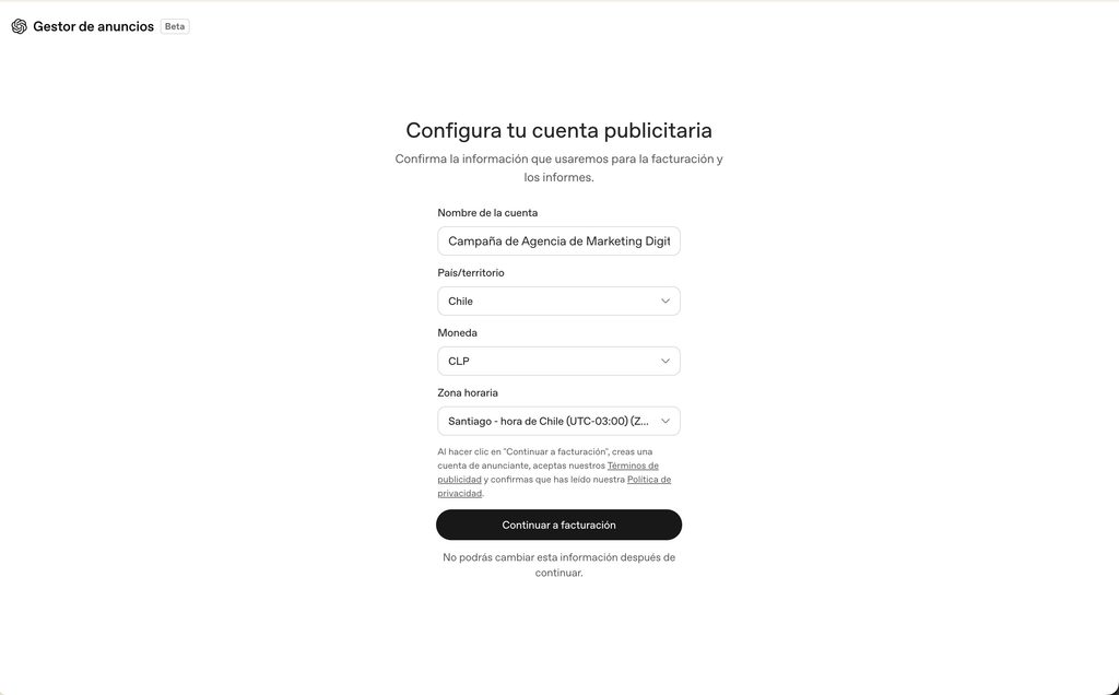 Configuración de la cuenta publicitaria en Ads Manager antes de continuar a facturación